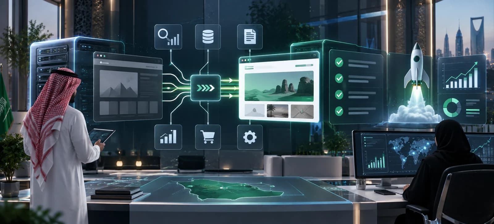 Enterprise website migration control room showing redirects, analytics, content checks, integrations, and launch monitoring.
