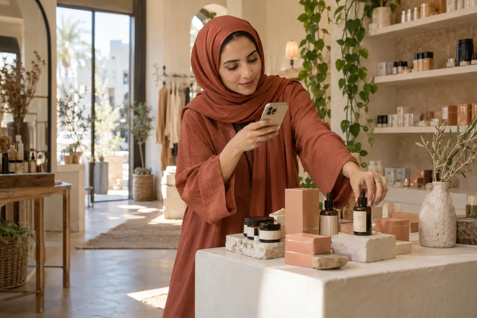 Illustrative photograph of a boutique owner photographing her products for social content