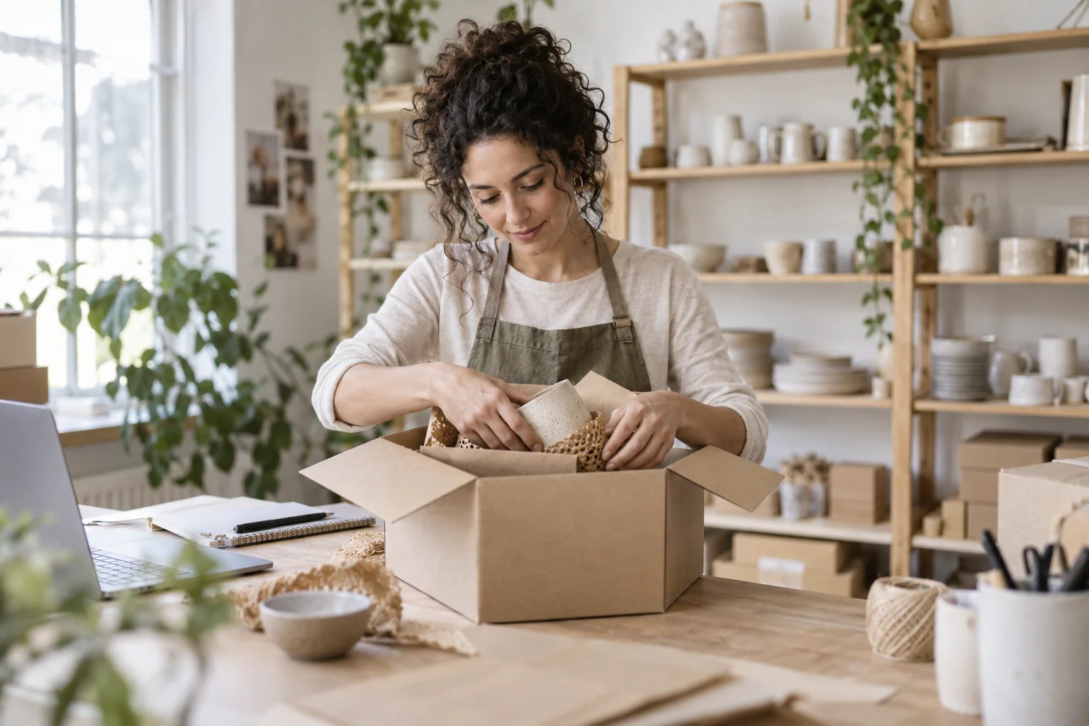Illustrative photograph of an online shop owner packing a customer order