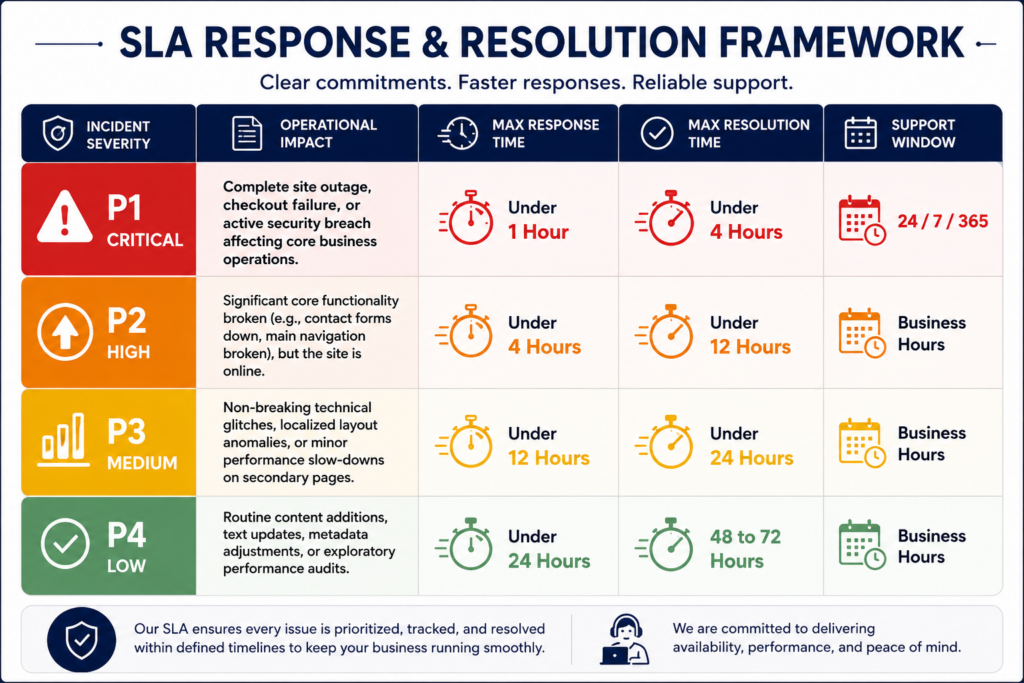 Website support SLA severity matrix showing P1 to P4 incident response times, resolution targets, and support windows