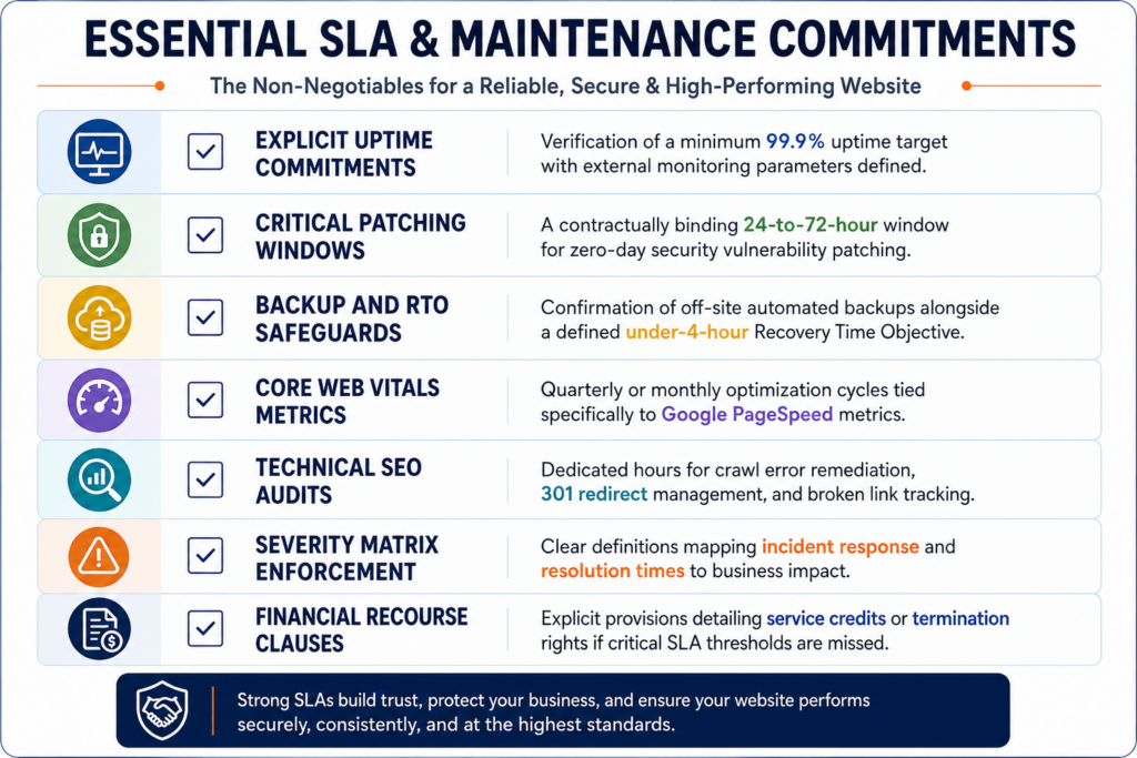 Essential website maintenance SLA checklist covering uptime, patching windows, backup and RTO, Core Web Vitals, technical SEO audits, severity matrix, and financial recourse clauses
