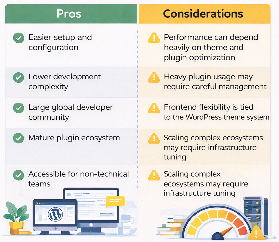 Traditional WordPress pros and considerations comparison showing easier setup, lower development complexity, large plugin ecosystem, and performance dependency on themes and plugins. 