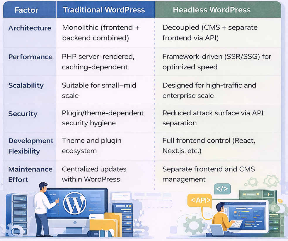 Headless WordPress vs Traditional WordPress comparison table showing differences in architecture, performance, scalability, security, development flexibility, and maintenance. 