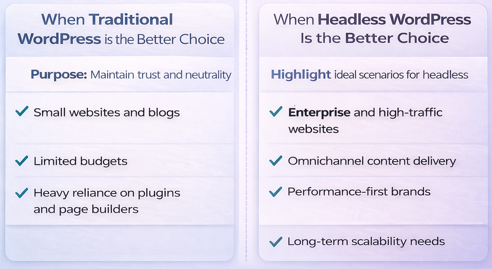 When traditional WordPress is the better choice vs when headless WordPress is the better choice, comparing use cases like small websites, limited budgets, enterprise scale, and omnichannel delivery. 