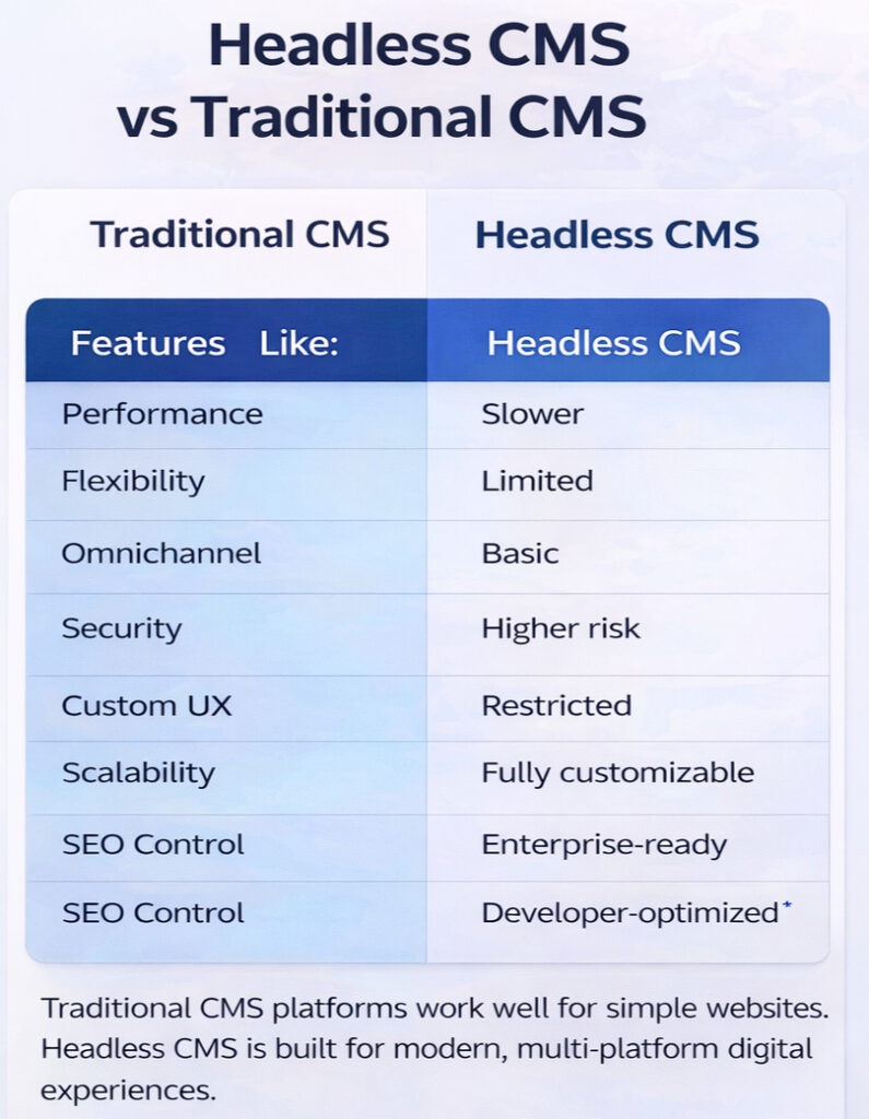 Headless CMS vs traditional CMS comparison table showing architecture, performance, flexibility, SEO control, security, and scalability